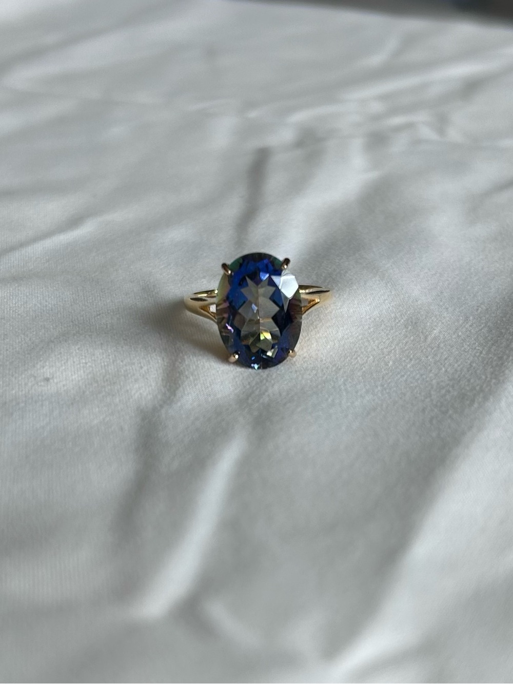Gold Ring with Oval Blue Mystic Topaz Stone